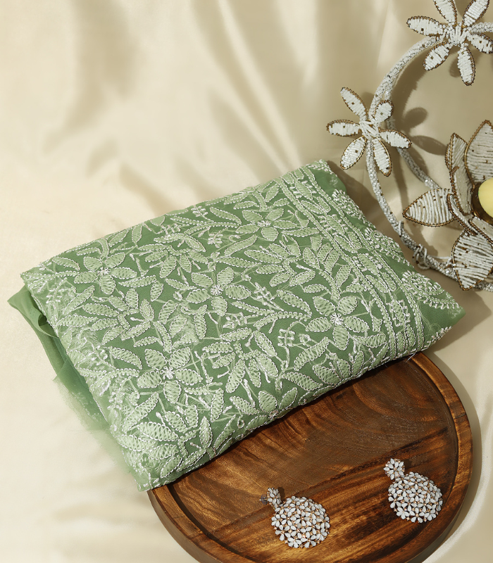 1 Georgette Kurta Set – Elegant Pista Green White Embroidery Charm 🌿✨ - Image 1