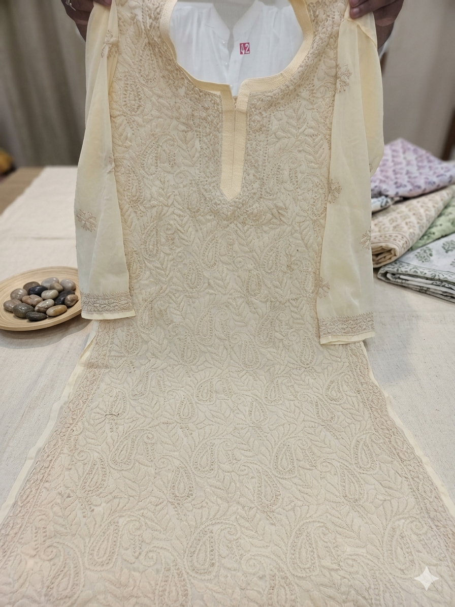 1 Georgette Beige Elegant Beige Georgette Chikankari Kurta – Handcrafted Embroidery - Image 1