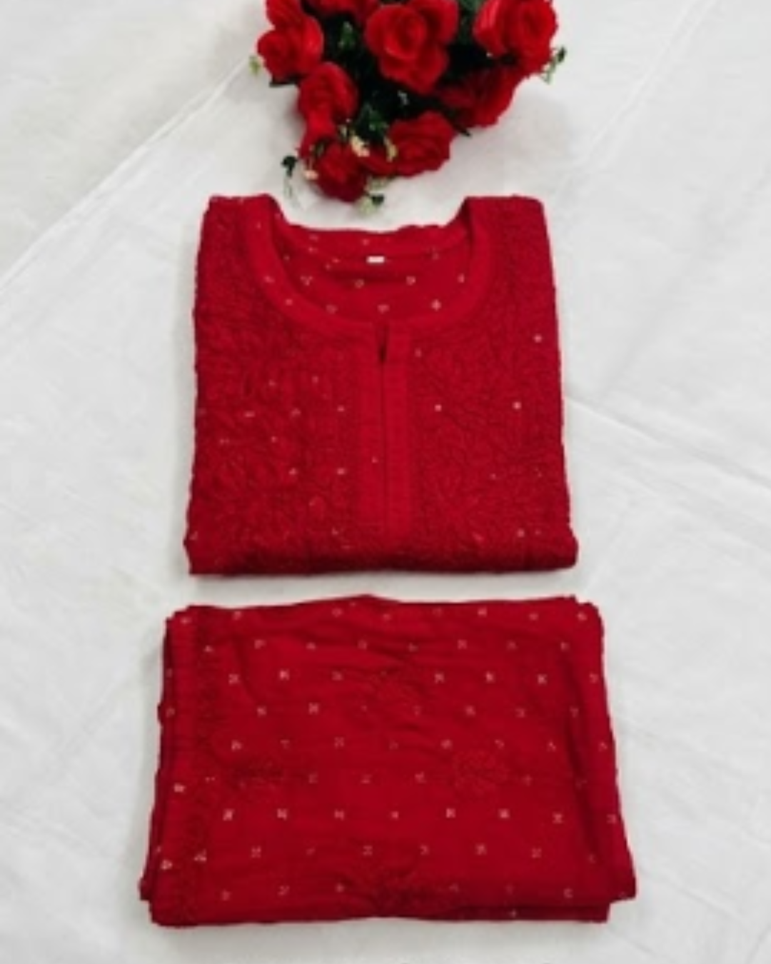 1 Red Chanderi Set (1) Elegant Red Chanderi Kurta Set with Subtle Embroidery - Image 1