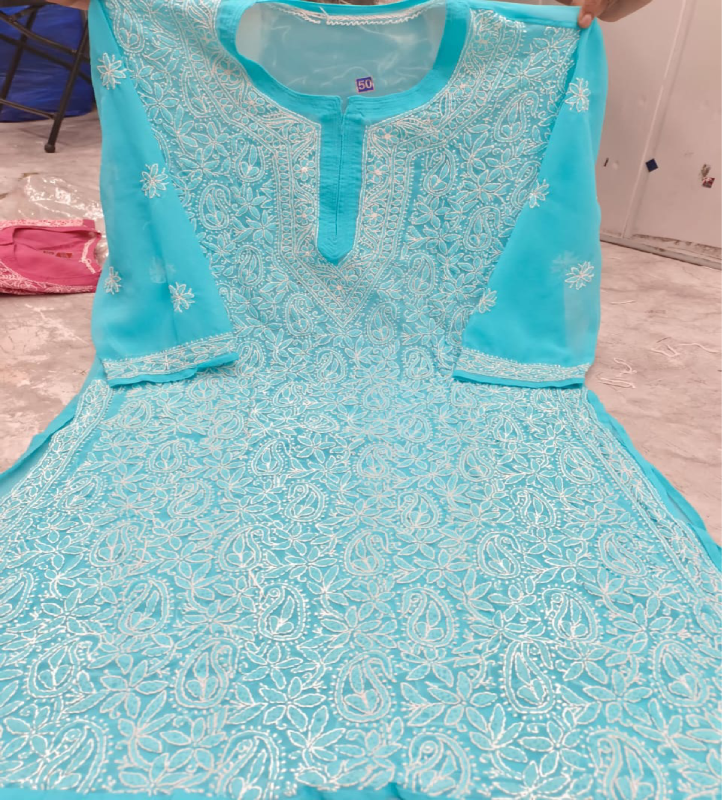 10 georgette blue Full Jaal Georgette Blue colour kurti - Image 1