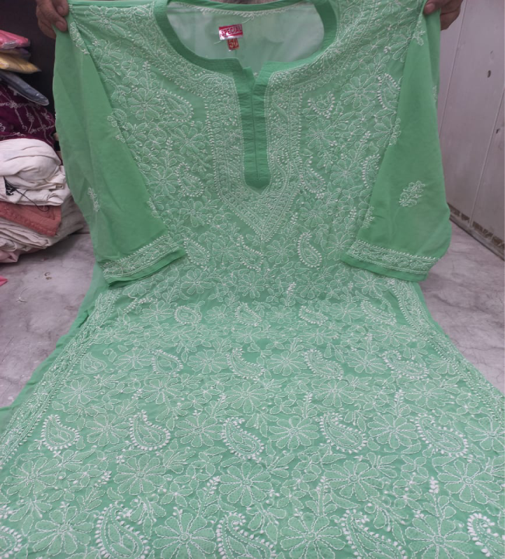 13 georgette badami Full Jaal Georgette Pista Green colour kurti - Image 1