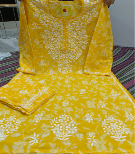 Yellow Printed Chikankari Kurti with Matching Printed Palazzo Suit (2-Piece Set)