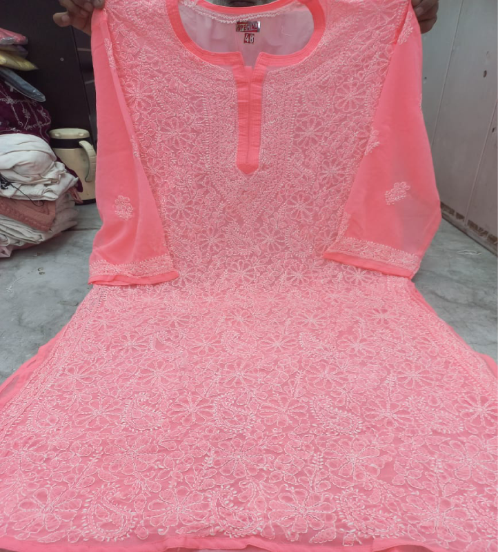 14 peachish georgette Full Jaal Georgette Peach colour kurti - Image 1