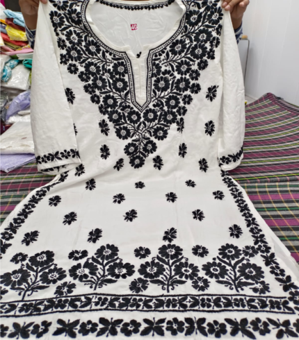 Modal Heavy Daman Chikankari Hand Embroidery White Kurti