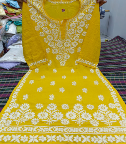 Modal Heavy Daman Chikankari Hand Embroidery Yellow Kurti