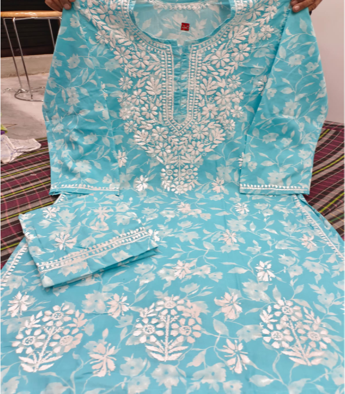 17 Big prints sky blue set Sky Blue Printed Chikankari Kurti with Matching Printed Palazzo Suit (2-Piece Set) - Image 1