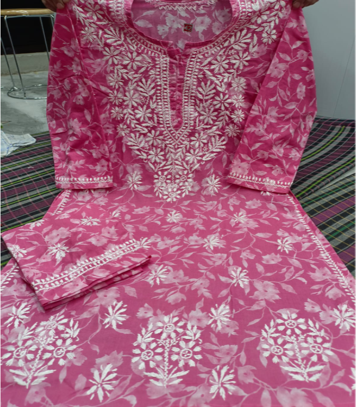 19 Big Prints pink set Onion Pink Printed Chikankari Kurti with Matching Printed Palazzo Suit (2-Piece Set) - Image 1