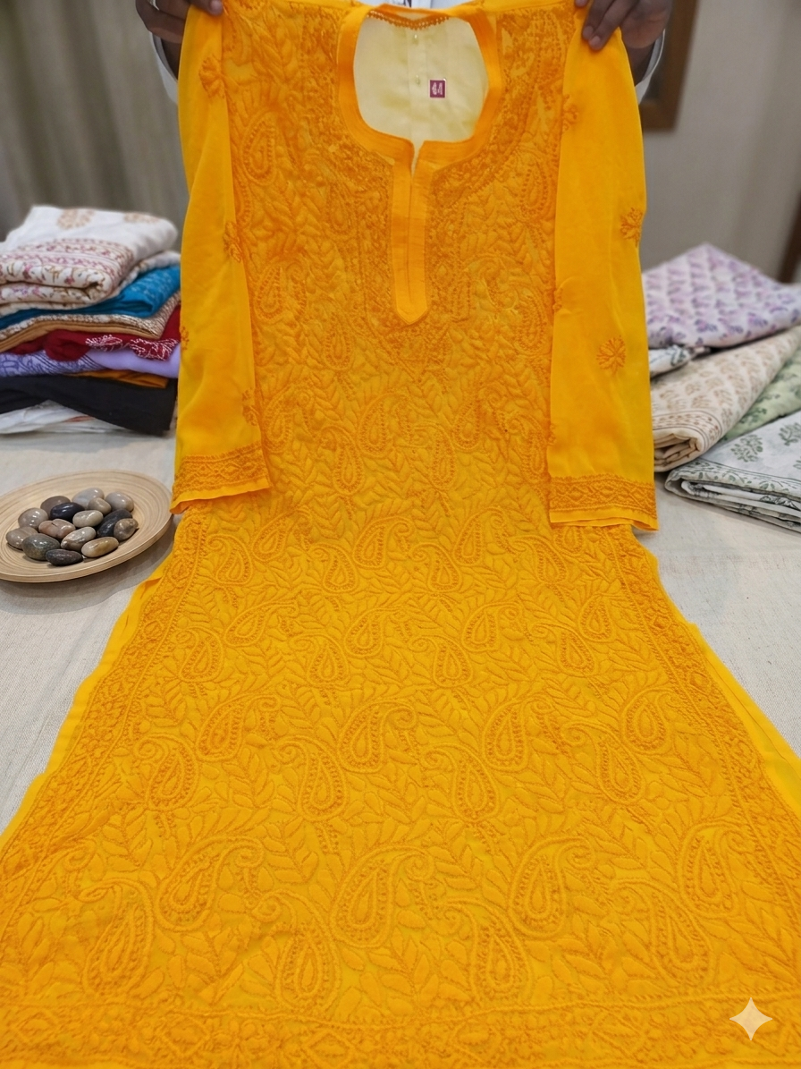 2 Georgette marigold yellow Vibrant Marigold Yellow Georgette Chikankari Kurta – Festive Elegance - Image 1