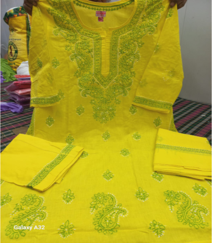 Yellow Rubia Cotton Lucknowi Chikan Shalwar Suit with Dupatta