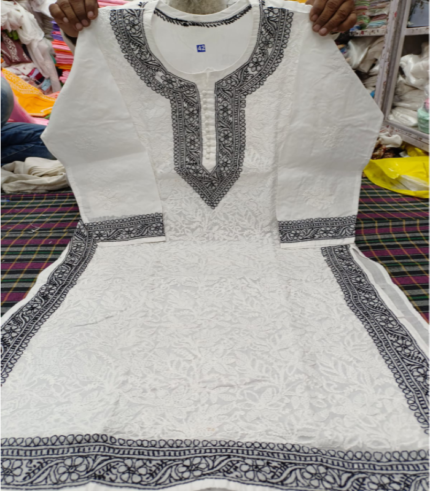 White & Black Chikankari Kurti – Elegant Lucknowi Hand Embroidery