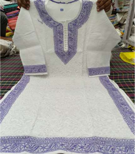 White & Navy Blue Chikankari Kurti – Elegant Lucknowi Hand Embroidery