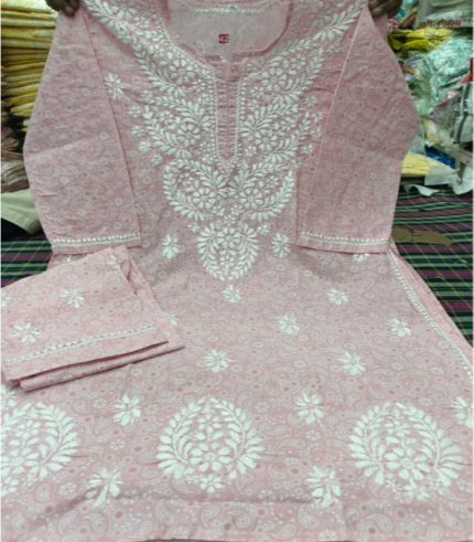 Light Pink Printed Chikankari Kurti with Matching Printed Palazzo – 2 Piece Set