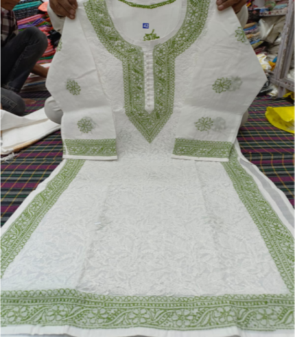 White & Green Chikankari Kurti – Elegant Lucknowi Hand Embroidery