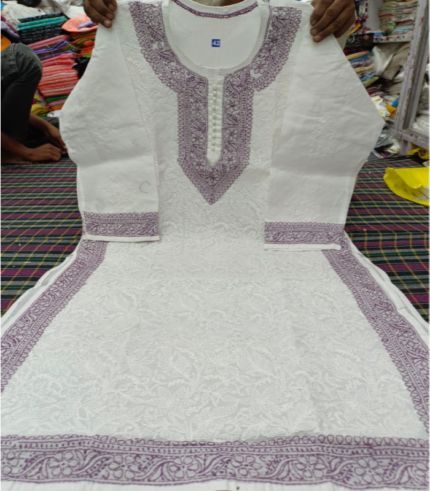 White & Purple Chikankari Kurti – Elegant Lucknowi Hand Embroidery