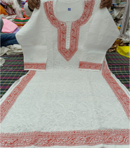 White & Red Chikankari Kurti – Elegant Lucknowi Hand Embroidery