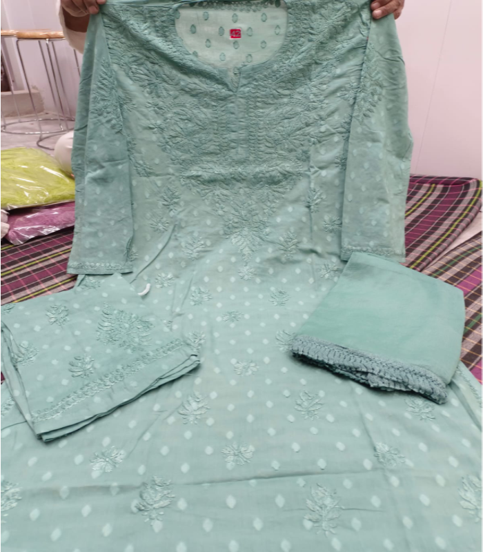 34 Mint Green Dobby cotton Dobby Cotton Lucknowi Chikankari Kurti with Matching Palazzo Suit (2-Piece Set) - Image 1