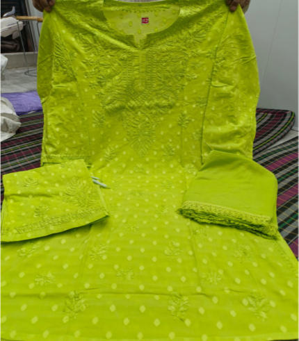 Dobby Cotton Lucknowi Chikankari Kurti with Matching Palazzo Suit (2-Piece Set)