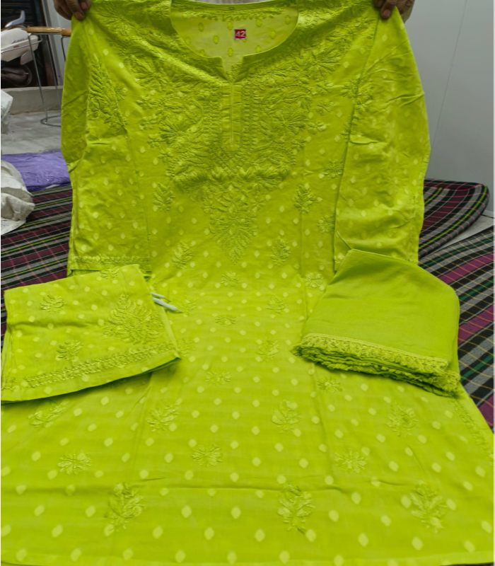 37 Lemon Green dobby cotton Dobby Cotton Lucknowi Chikankari Kurti with Matching Palazzo Suit (2-Piece Set) - Image 1