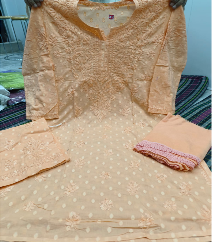 39 peach dobby cotton Dobby Cotton Lucknowi Chikankari Kurti with Matching Palazzo Suit (2-Piece Set) - Image 1