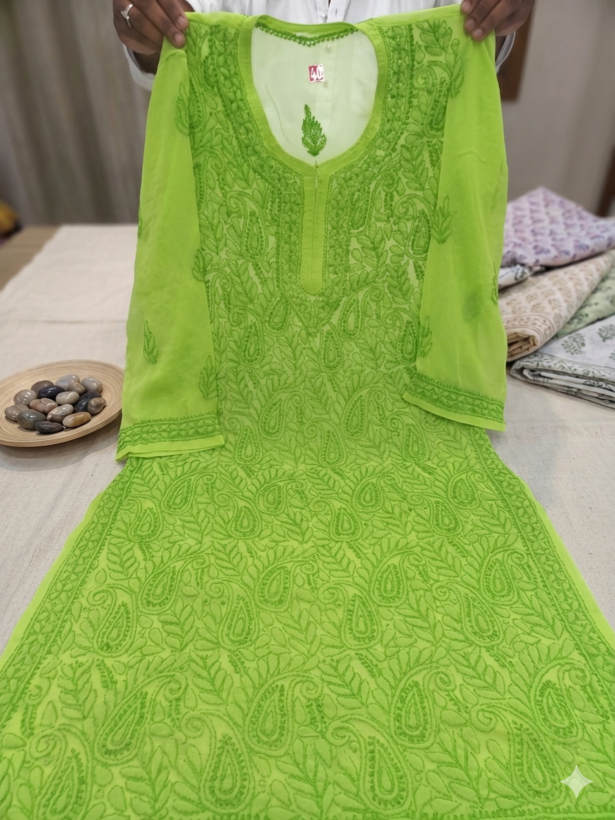 4 Georgette Parrot green Stylish Parrot Green Georgette Kurti with Heavy Embroidery - Image 1