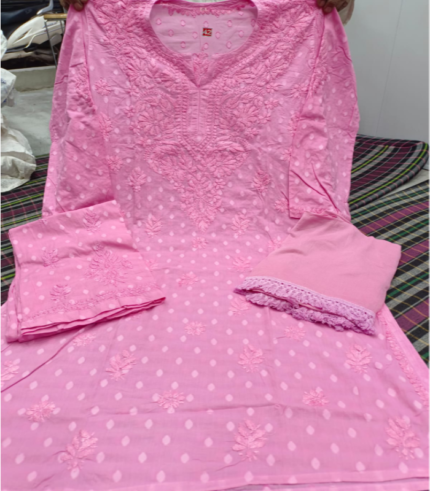 Dobby Cotton Lucknowi Chikankari Kurti with Matching Palazzo Suit (2-Piece Set)