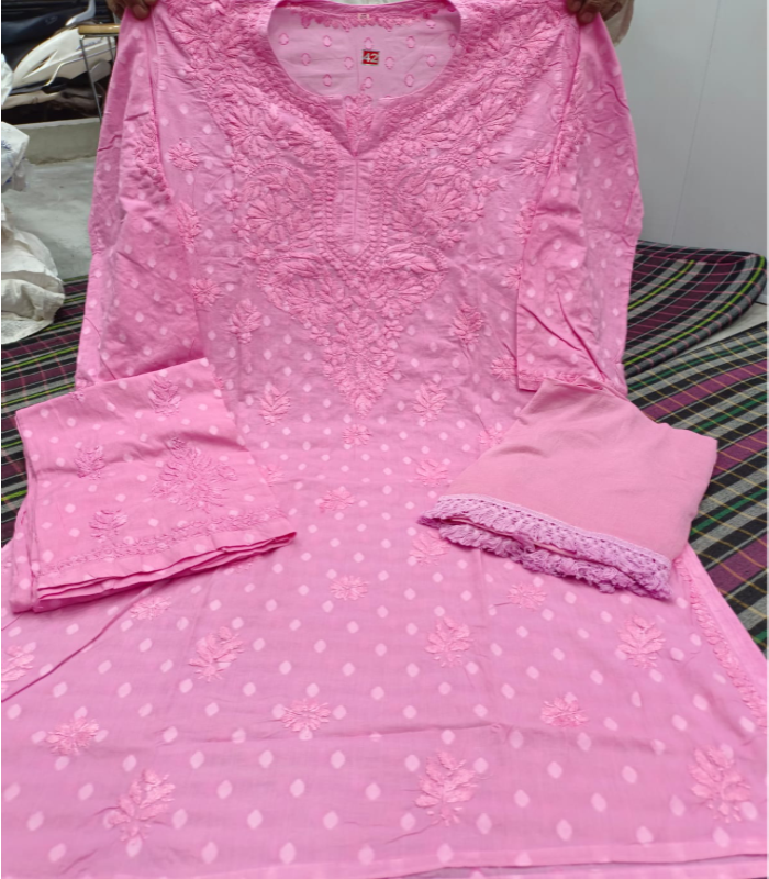 40 Pink dobby cotton Dobby Cotton Lucknowi Chikankari Kurti with Matching Palazzo Suit (2-Piece Set) - Image 1