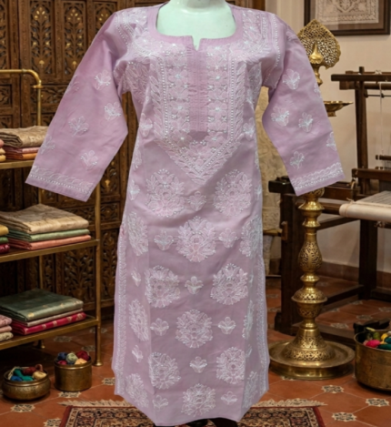 Premium Voile Mauve Cotton Kurti with Heavy Handwork