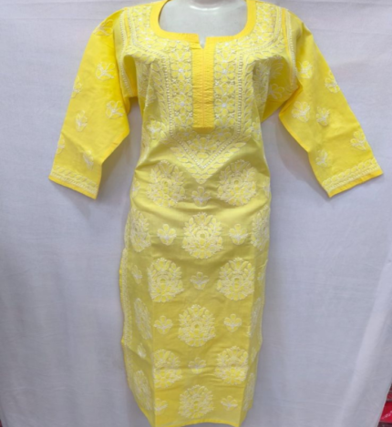 Premium Voile Yellow Cotton Kurti with Heavy Handwork