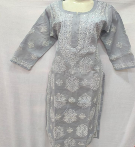 Premium Voile Grey Cotton Kurti with Heavy Handwork