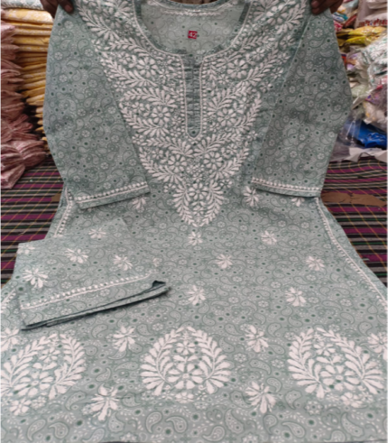 Grey Printed Chikankari Kurti with Matching Printed Palazzo – 2 Piece Set