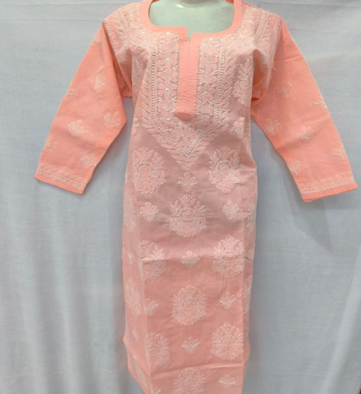 50 Peach cotton kurti Premium Voile Peach Cotton Kurti with Heavy Handwork - Image 1