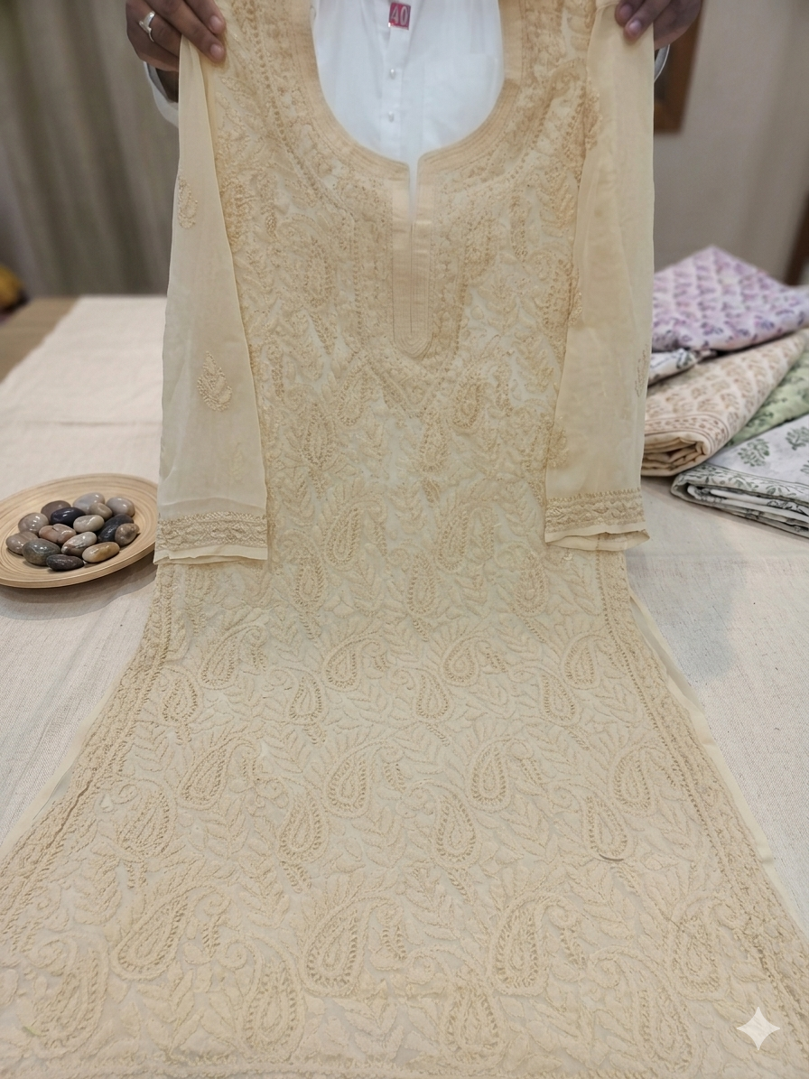 6 Georgette Skin Colour Elegant Skin Color Georgette Kurti with Intricate Embroidery - Image 1