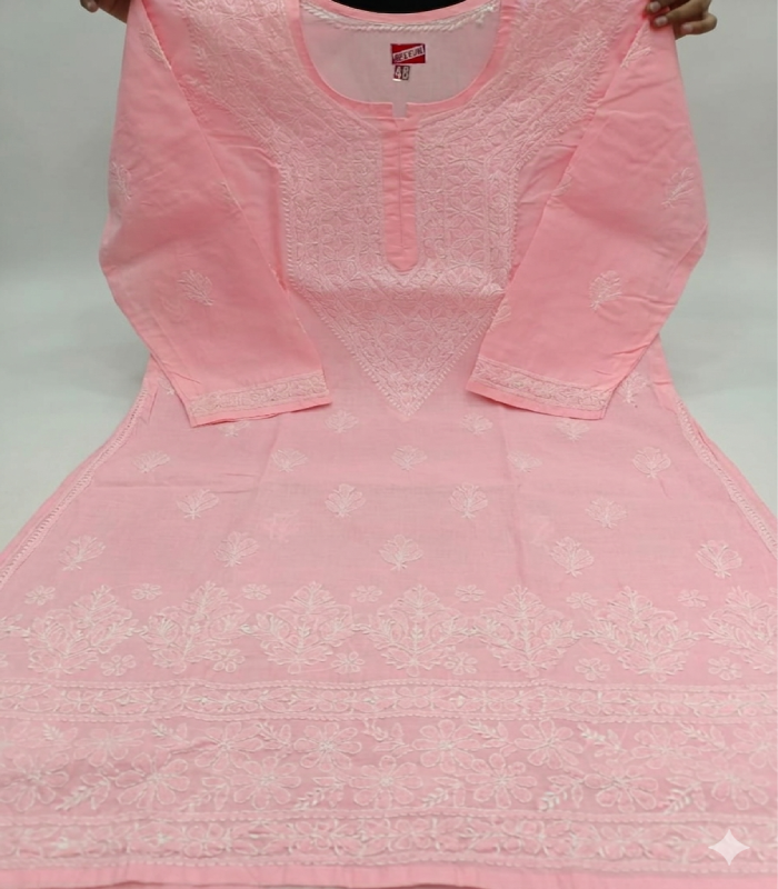 62 Baby Pink cotton Beautiful Chikankari Cotton Pink Kurti - Image 1