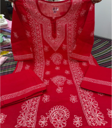 Red - Rubia Cotton Lucknowi Chikan Shalwar Suit with Dupatta