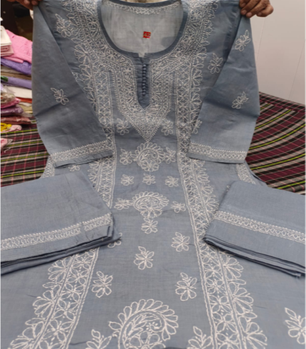 Grey- Rubia Cotton Lucknowi Chikan Shalwar Suit with Dupatta