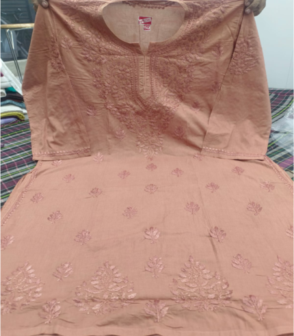 Soft Peach Brown Plus Size Cotton Shaded Chikan Work Long Kurti