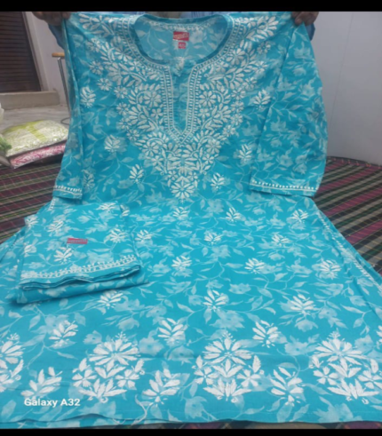 Printed Blue Kurti Set with Chikankari Work