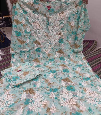 Printed Aqua Blue Kurti Set with Heavy Chikankari Work