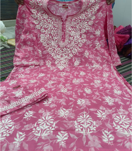 Printed Rich Rose pink Kurti Set with Heavy Chikankari Work