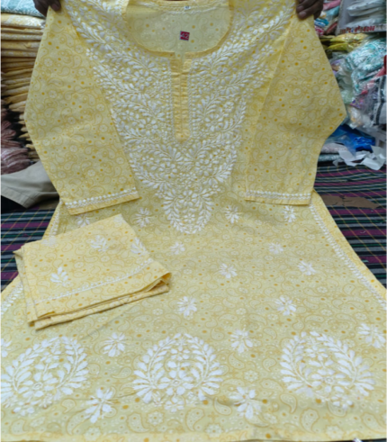 Yellow Printed Chikankari Kurti with Matching Printed Palazzo – 2 Piece Set