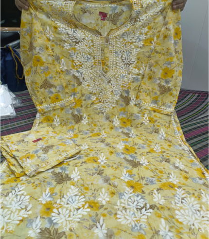 Printed pistachio green Kurti Set with Heavy Chikankari Work